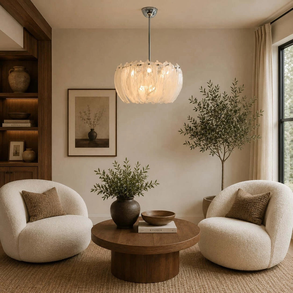 Modern Petal Art Glass Chandelier Over Living Room Seating Area