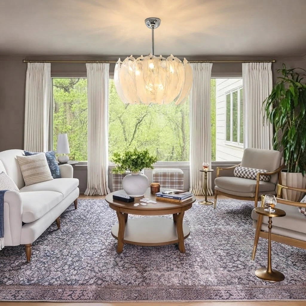 Modern Petal Art Glass Chandelier in Living Room Setting