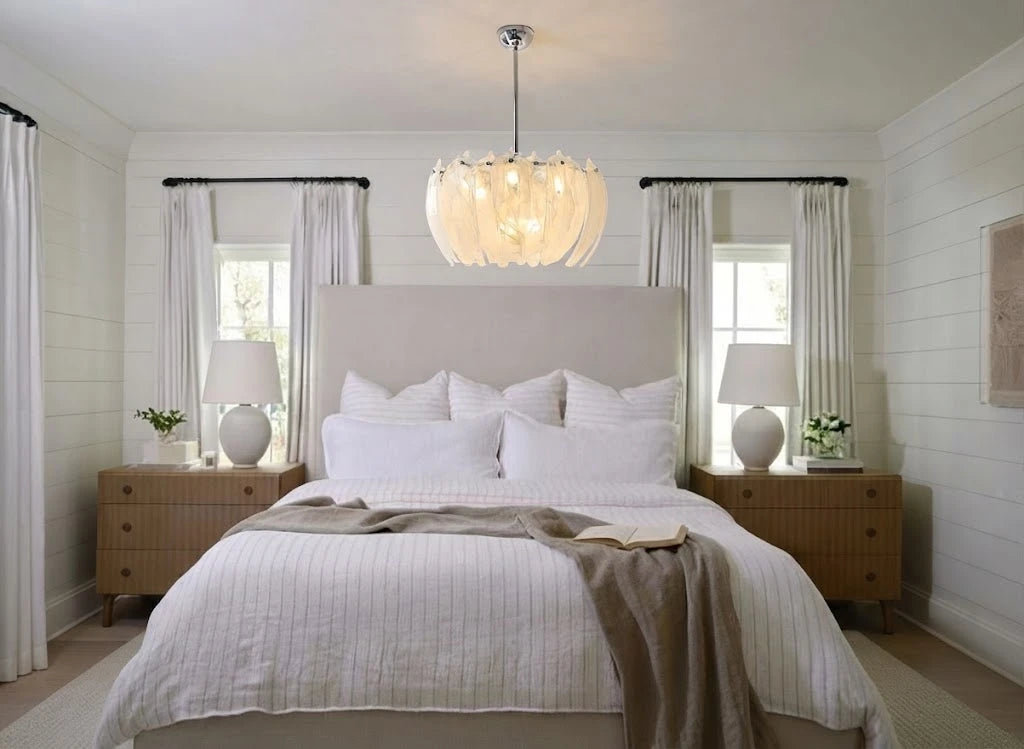 Modern Petal Art Glass Chandelier in Master Bedroom Setting