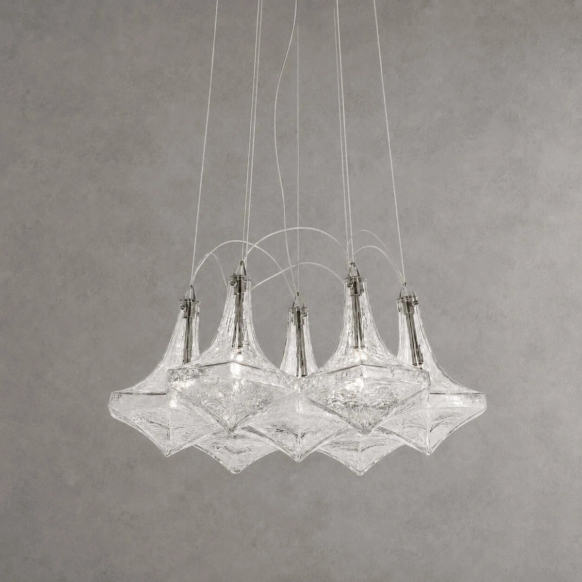 Modern Small Cascading Faceted Glass Chandelier Studio Shot