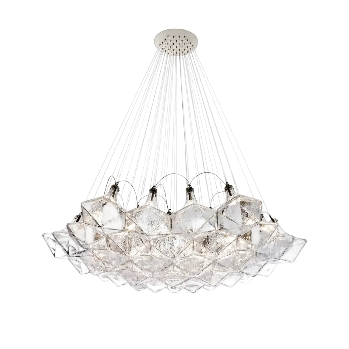 Modern Cascading Geometric Faceted Art Glass Chandelier with Cable Suspension on Pure White Background