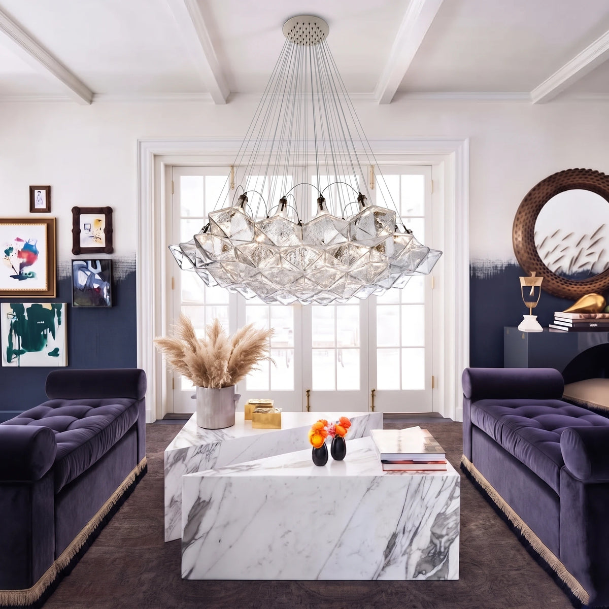Modern Geometric Faceted Glass Chandelier in Contemporary Living Room