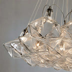 Close Up View of Geometric Faceted Art Glass Shades and Internal Bulbs