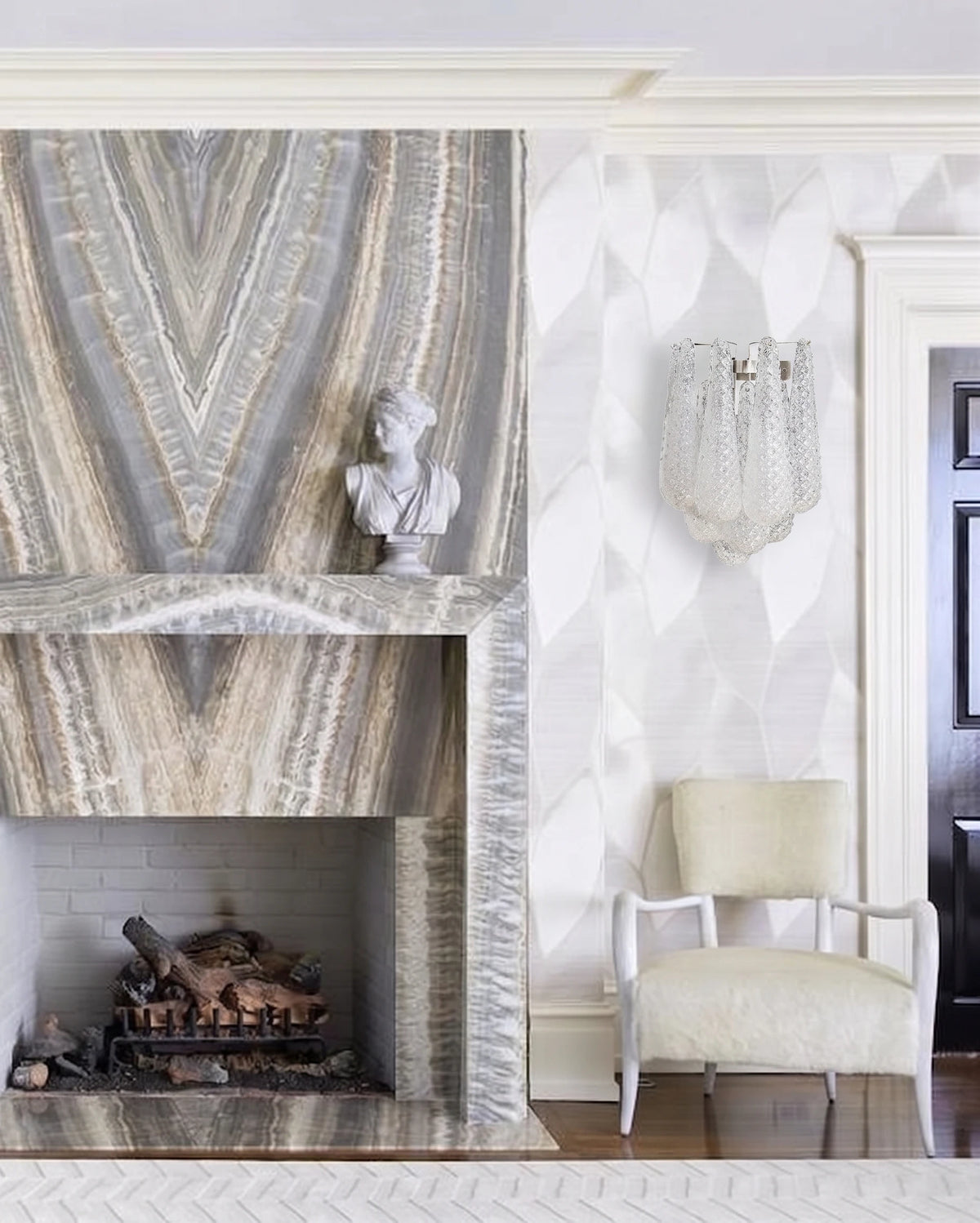 Modern Cascading Teardrop Art Glass Wall Sconce Over Fireplace