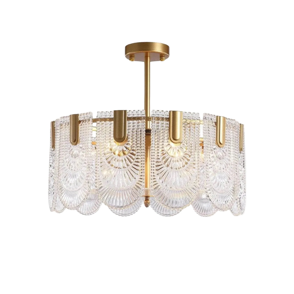 Modern Faceted Art Glass Flush Mount Ceiling Light with Brass Stem on Pure White Background