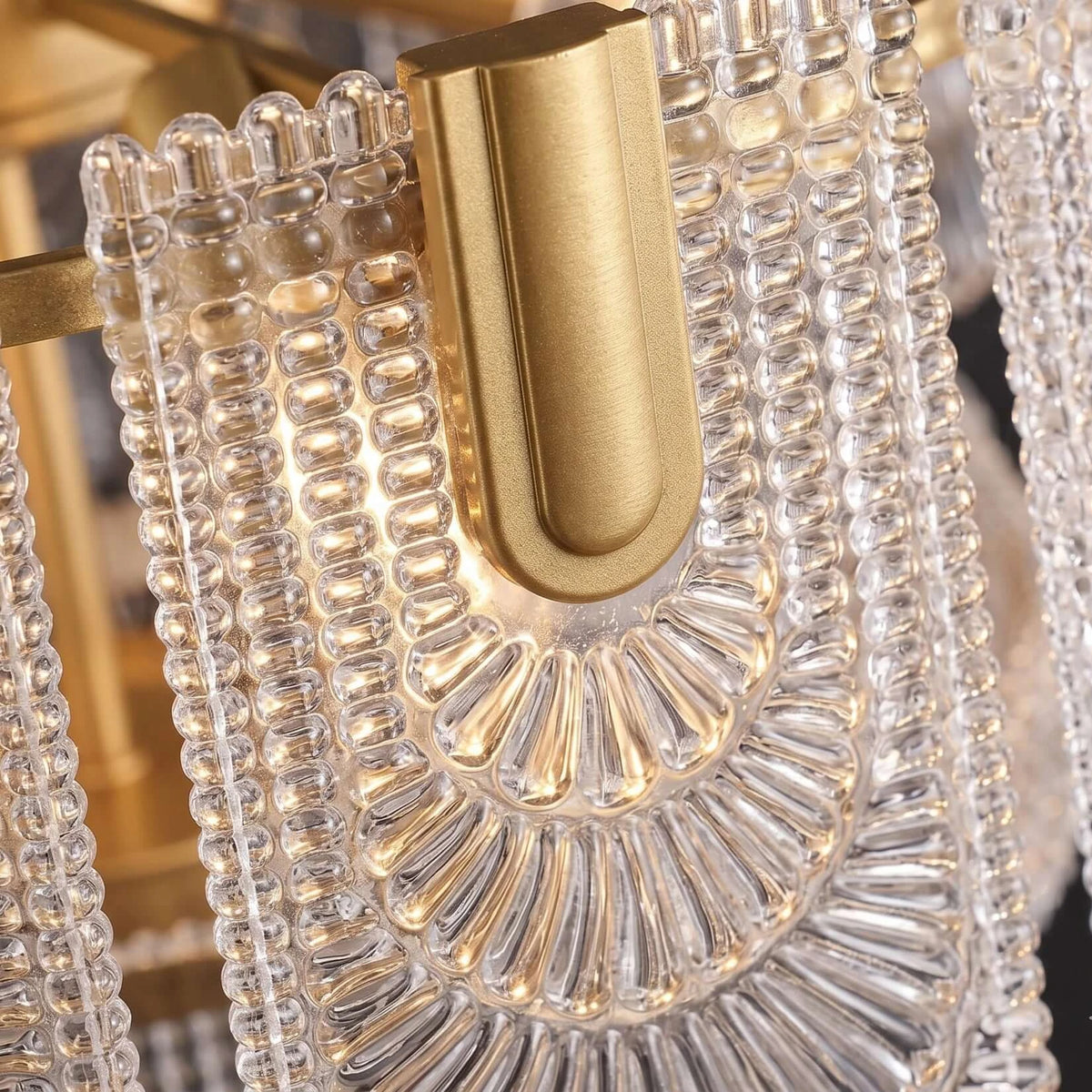 Detail View of Faceted Art Glass Shades and Brass Clips