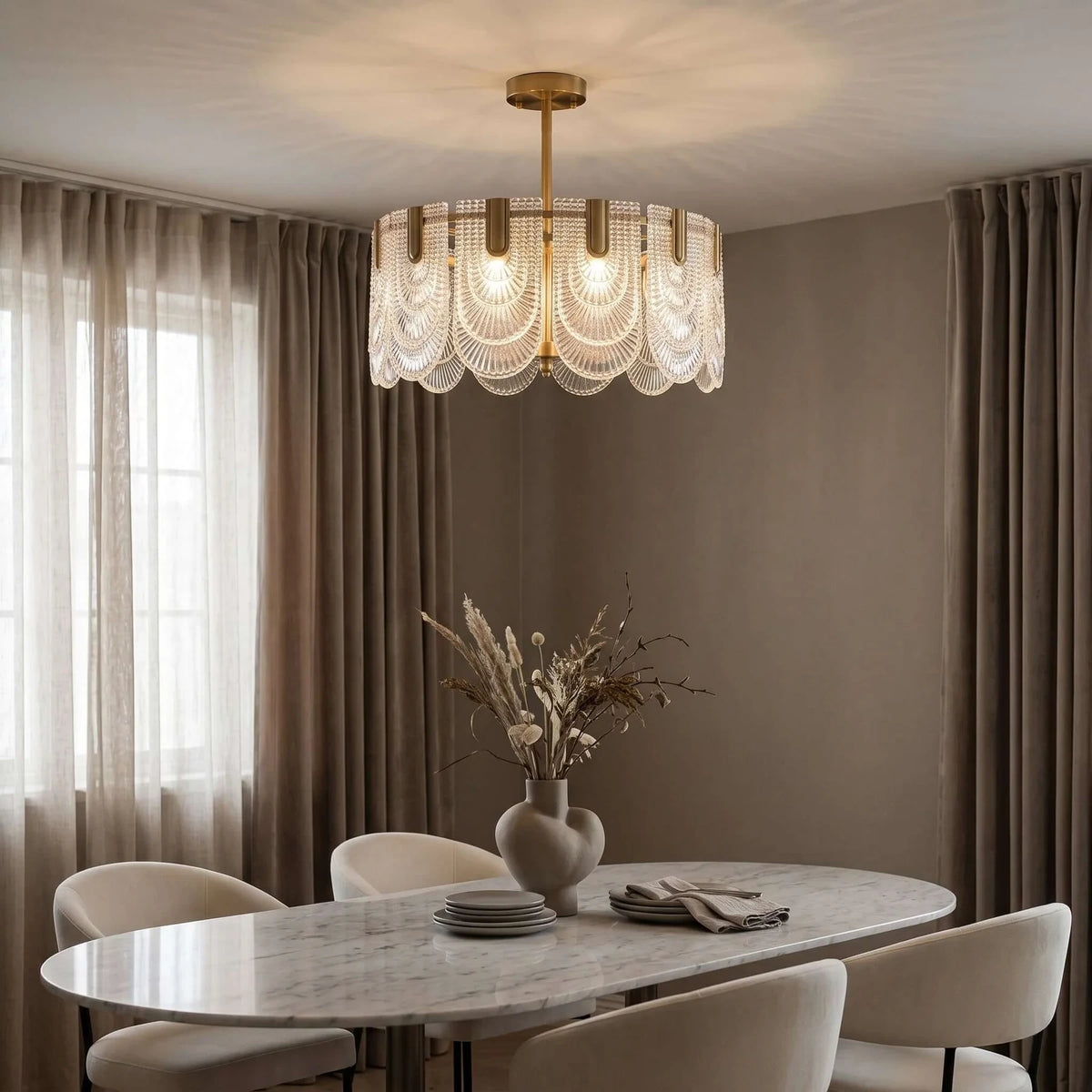 Modern Faceted Art Glass Ceiling Light Over Dining Area