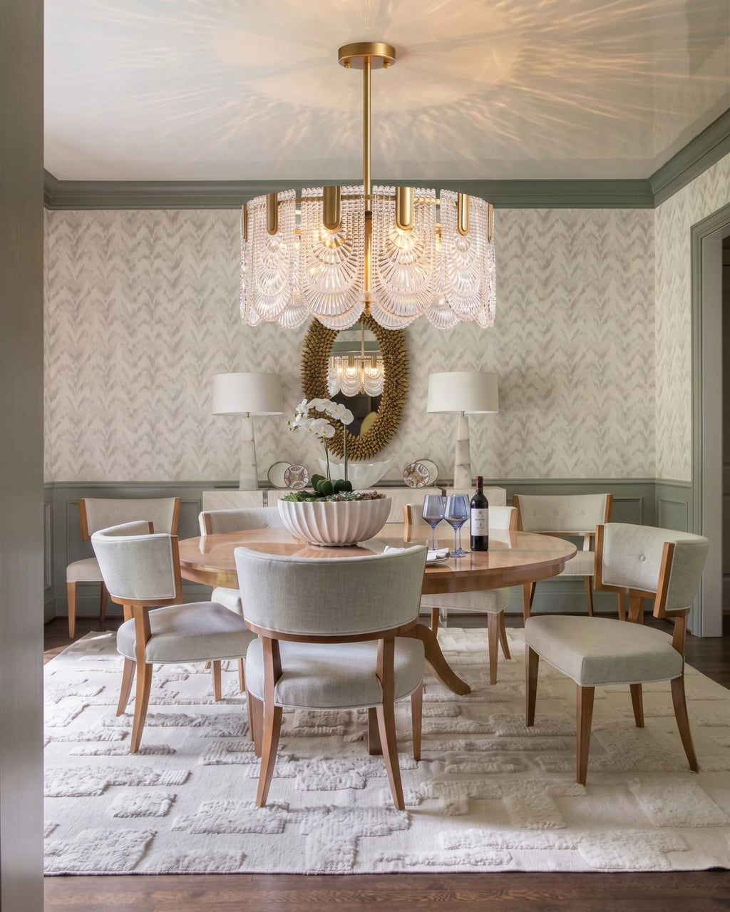 Modern Faceted Art Glass Chandelier Over Dining Room Table