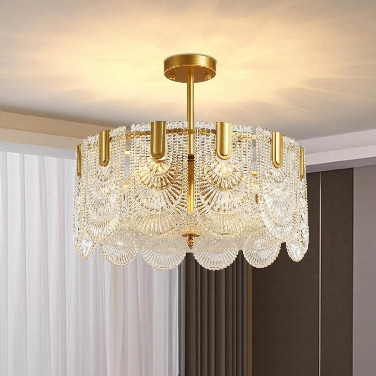 Illuminated Modern Faceted Art Glass Flush Mount Ceiling Light Studio Shot