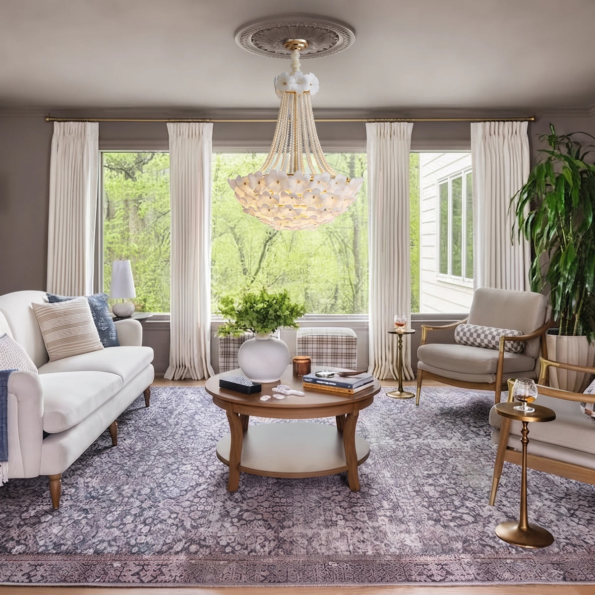 Modern Ceramic Flower Chandelier in Living Room Setting