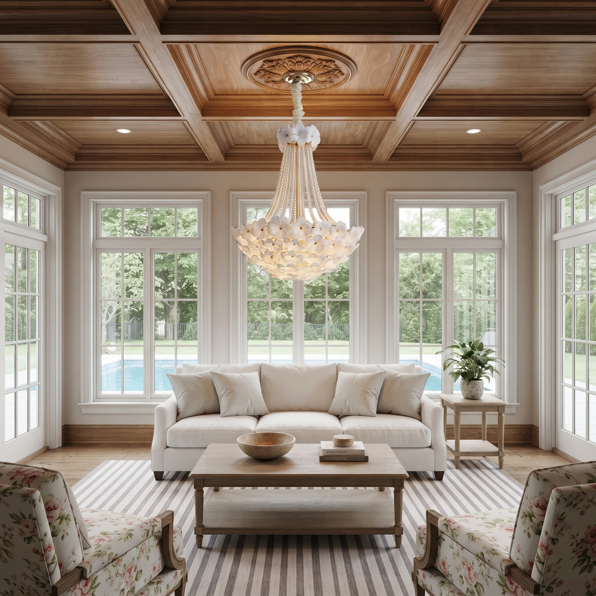 Modern Ceramic Flower Chandelier in Vaulted Ceiling Living Room