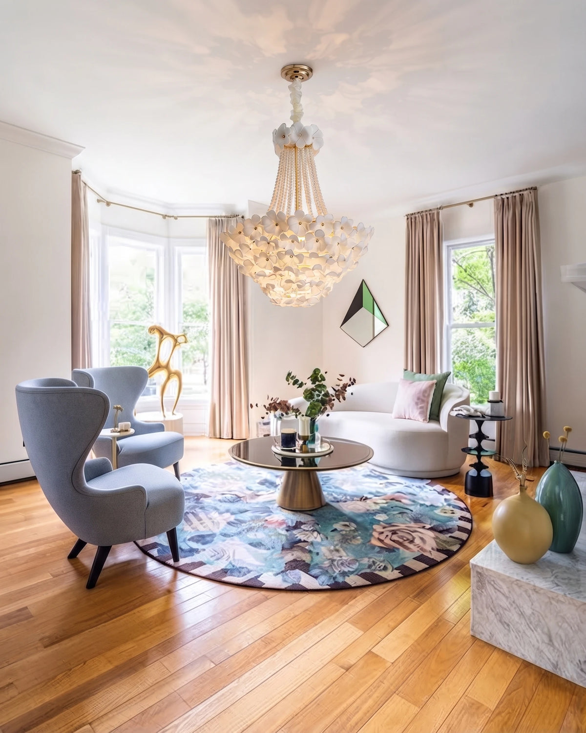 Modern Ceramic Flower Chandelier in Bright Living Space