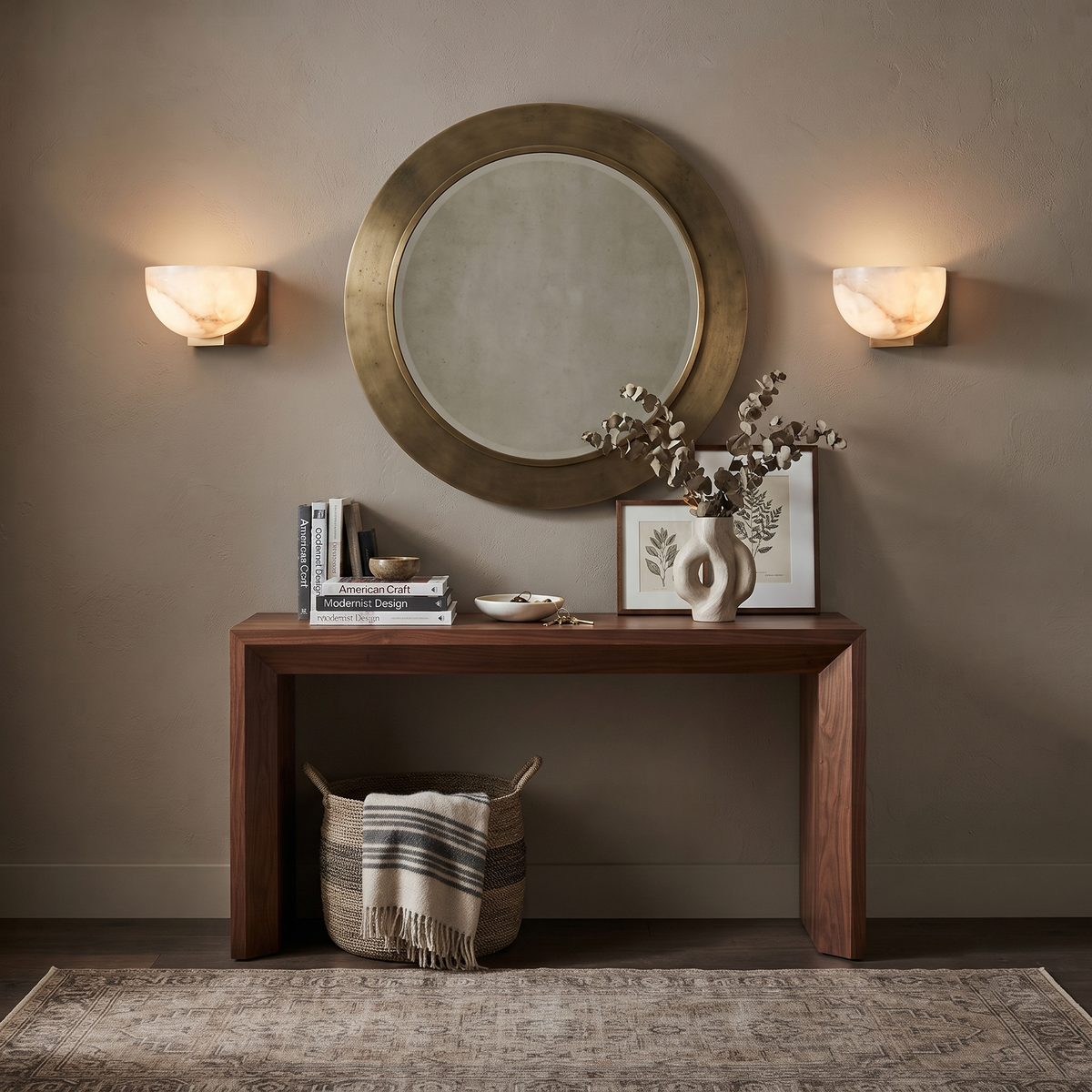 Pair of Half Bowl Alabaster Sconces Flanking Console Table