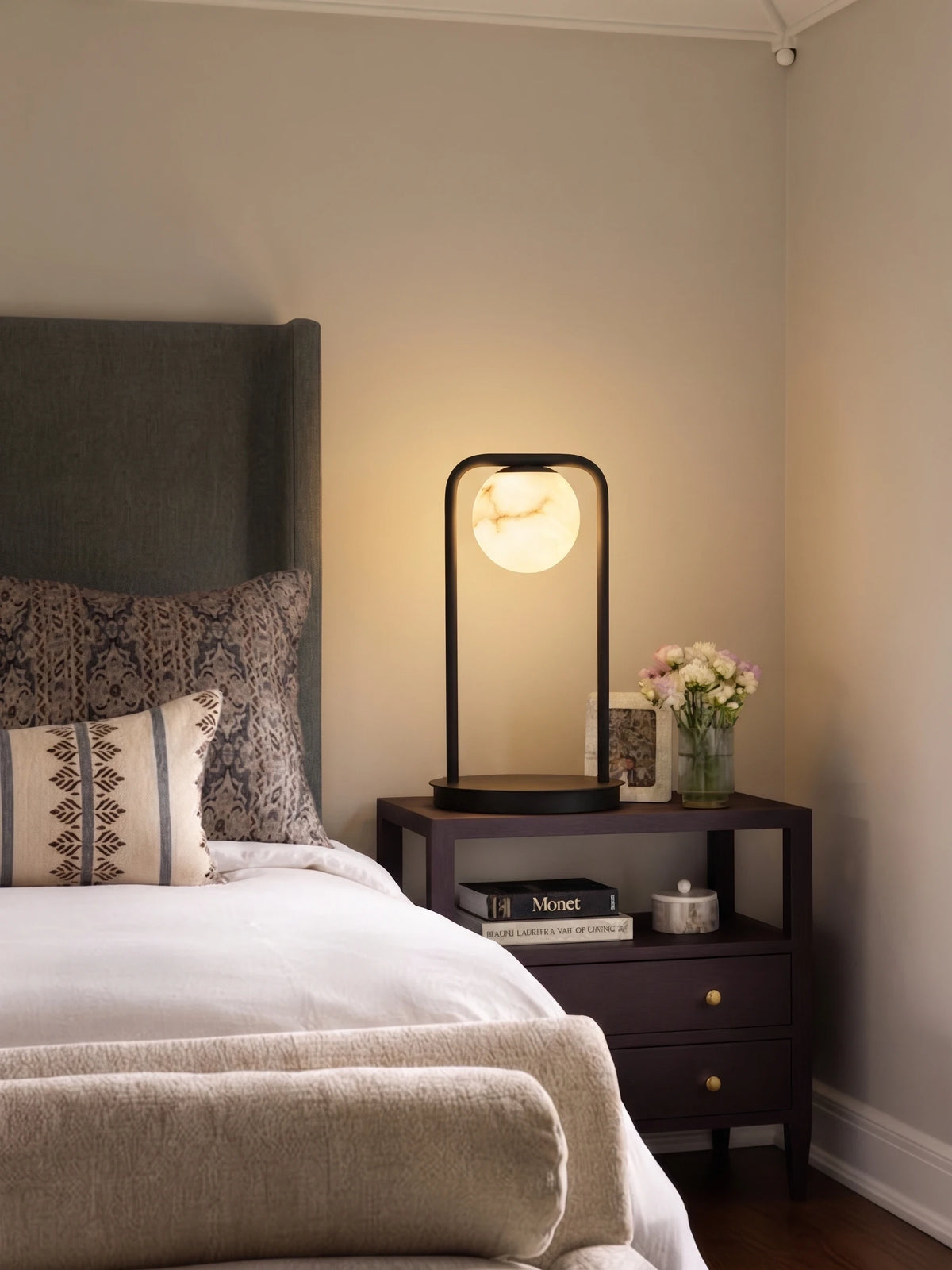 Modern Alabaster Table Lamp on Bedroom Nightstand