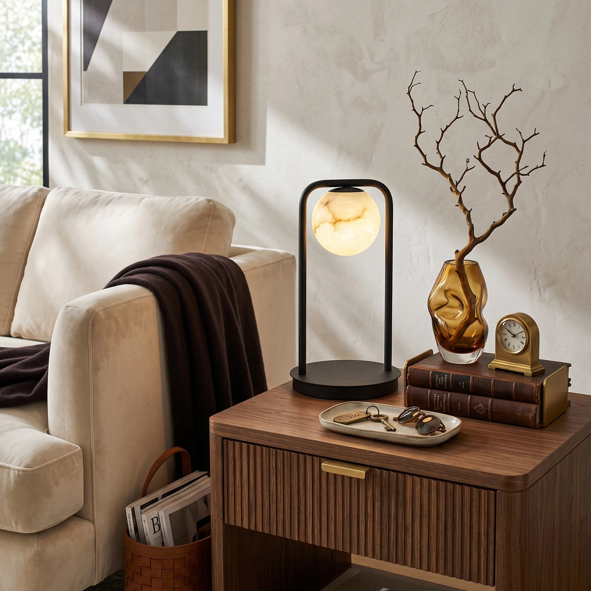 Modern Alabaster Table Lamp on Living Room Credenza
