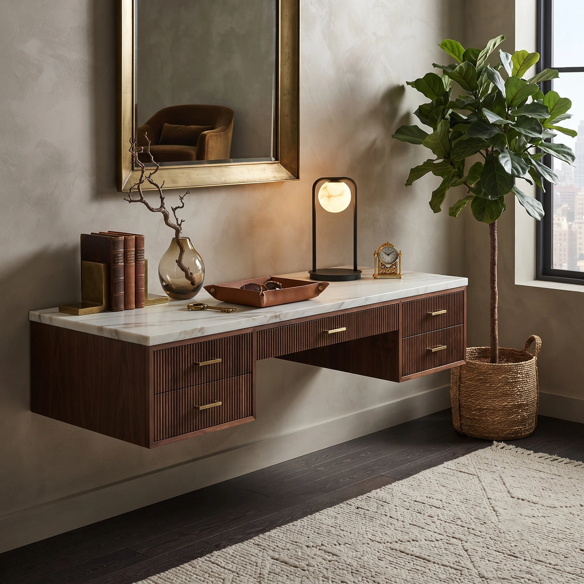 Modern Alabaster Table Lamp on Floating Console Table