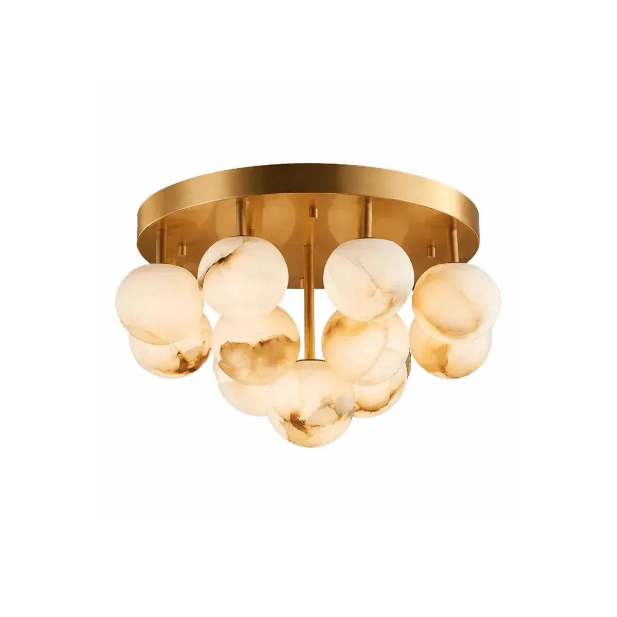 Modern Cascading Globe Alabaster Art Glass Flush Mount Ceiling Light with Brass Canopy on Pure White Background