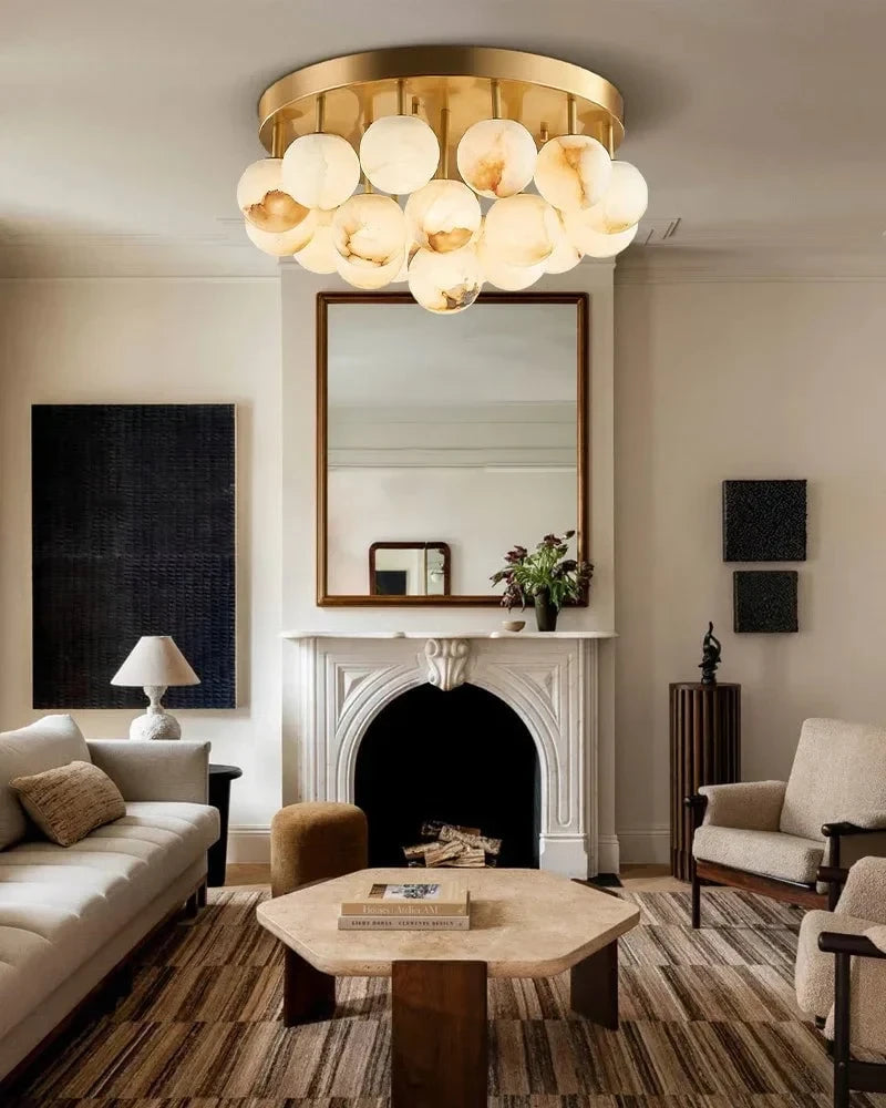 Modern Globe Art Glass Flush Mount Light Over Living Room Setting