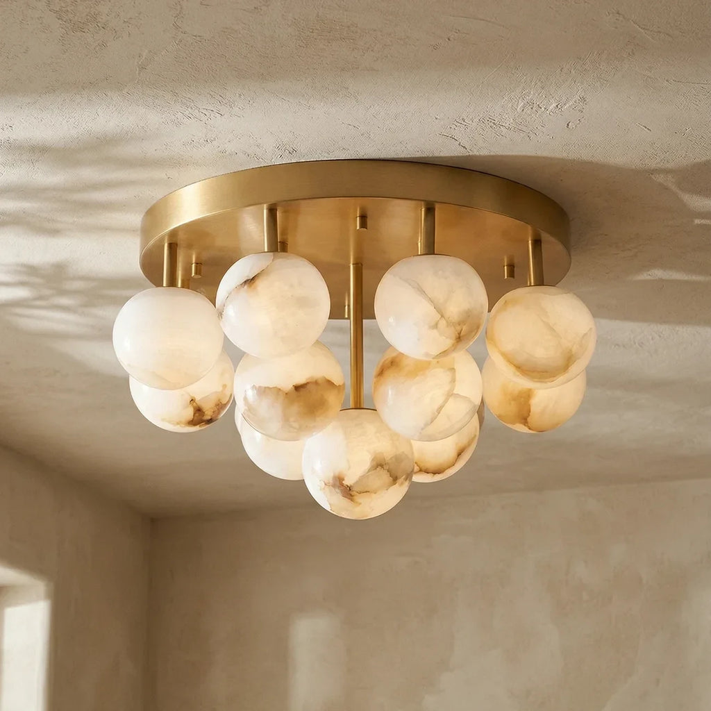Illuminated Modern Cascading Globe Alabaster Ceiling Light Studio Shot