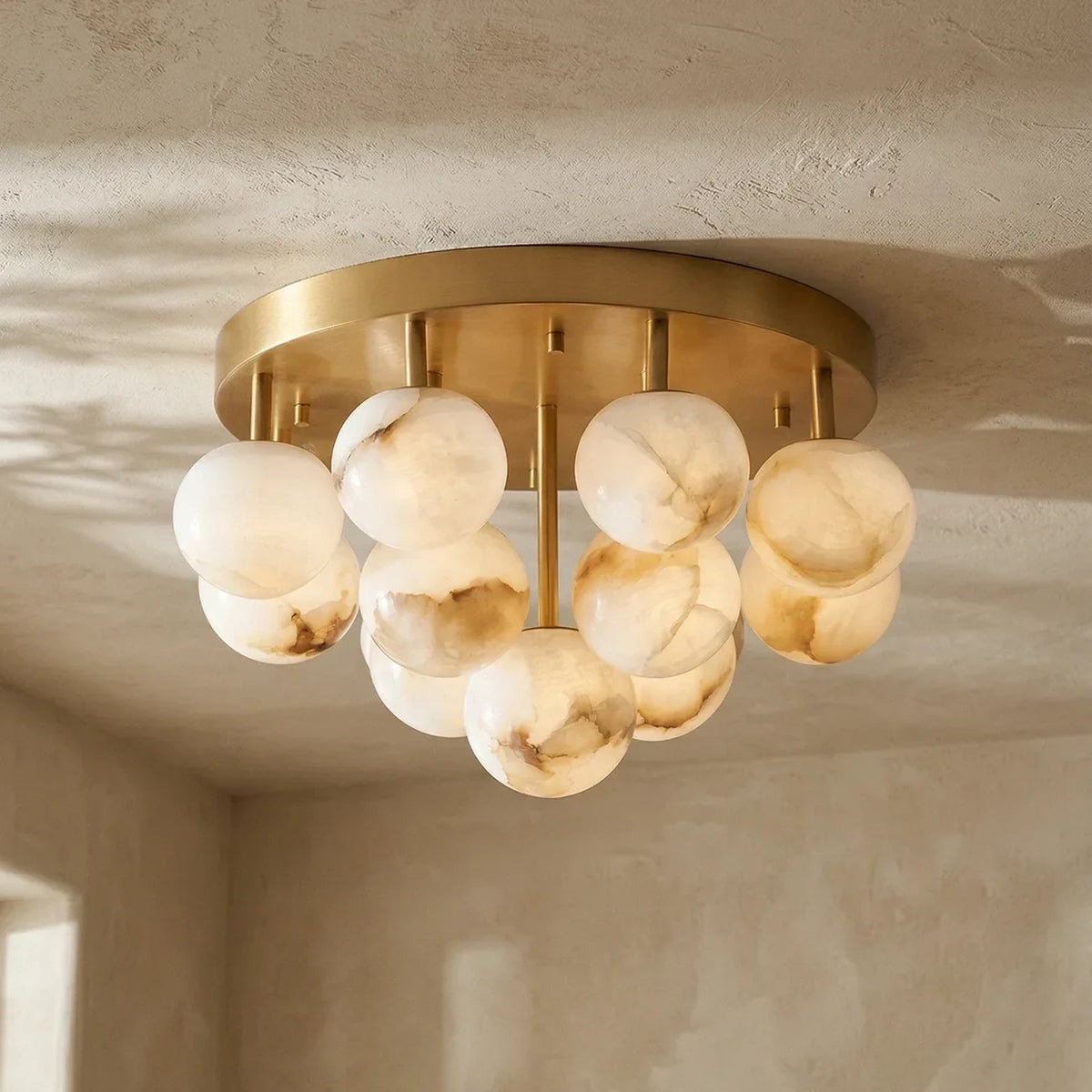 Illuminated Modern Cascading Globe Alabaster Ceiling Light Studio Shot