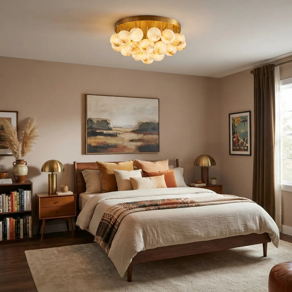 Modern Alabaster Globe Flush Mount Light in Master Bedroom