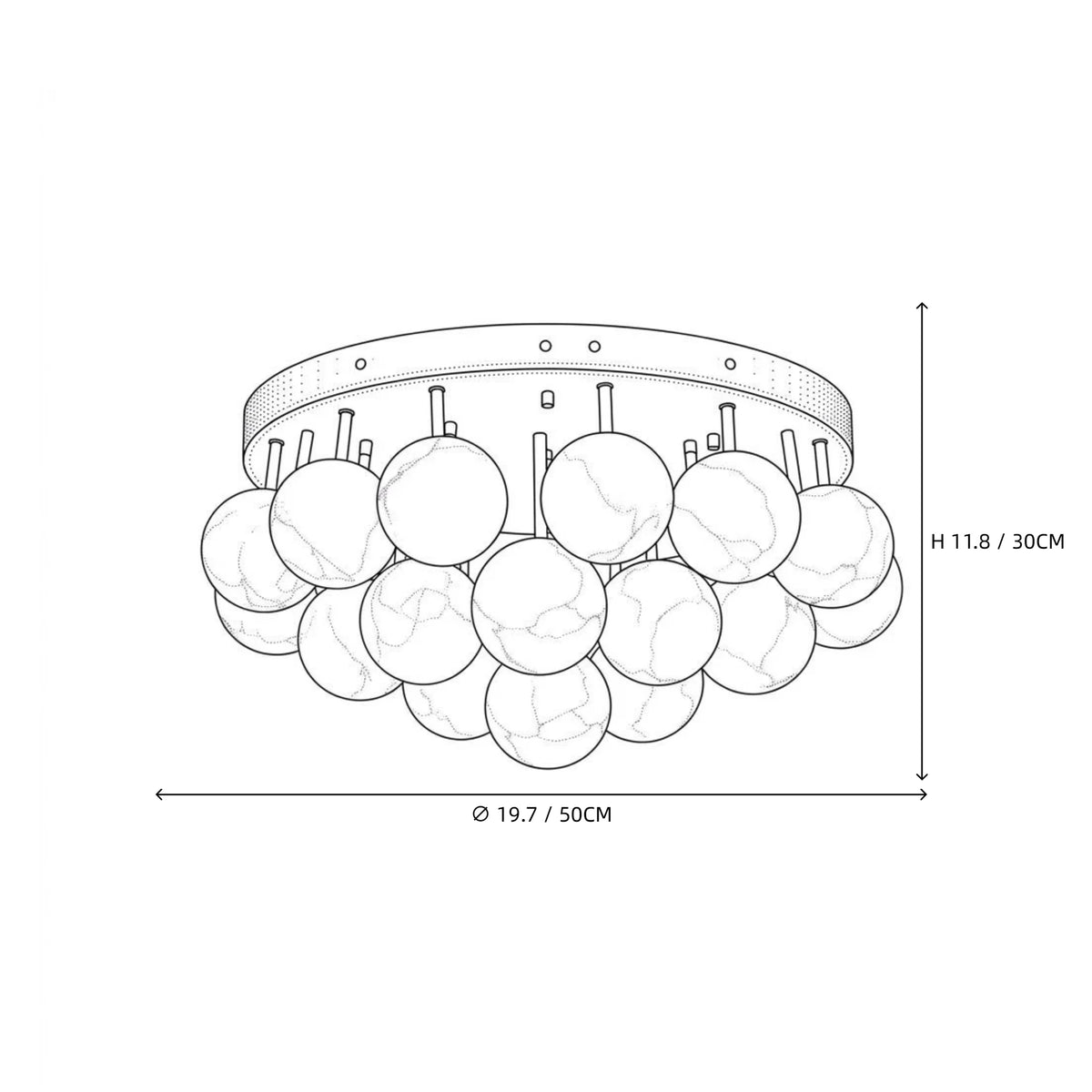 Modern Cascading Globe Alabaster Ceiling Light Style C Line Art Dimension Diagram