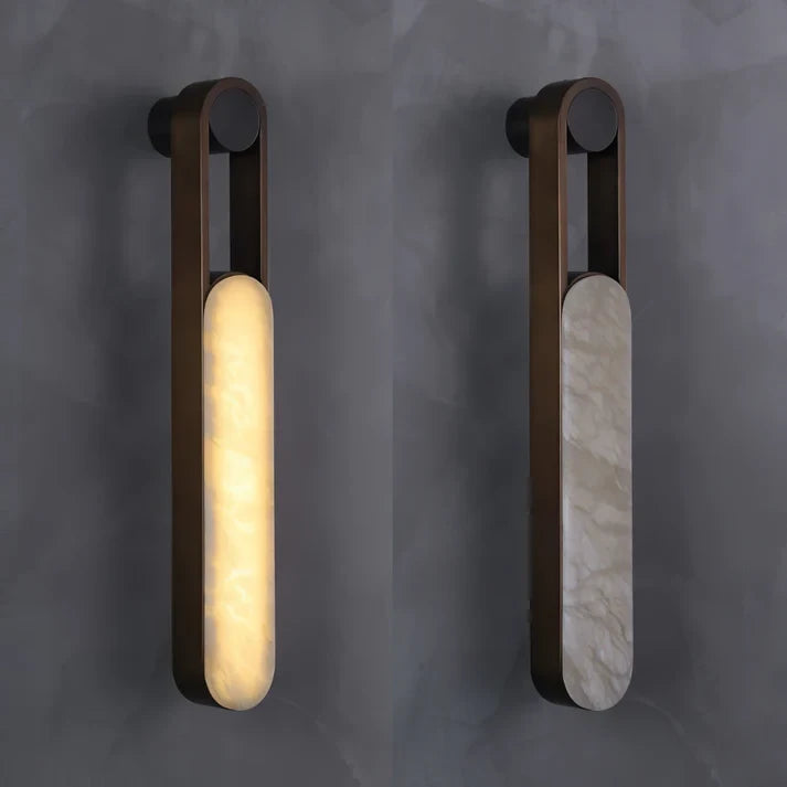 Illuminated Modern Leather Strap Alabaster Wall Sconces Studio Shot