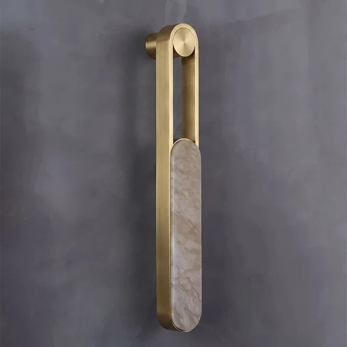 Illuminated Modern Brown Leather and Marble Wall Sconce Studio Shot