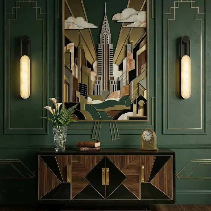 Modern Leather Strap and Alabaster Wall Sconces in Living Room