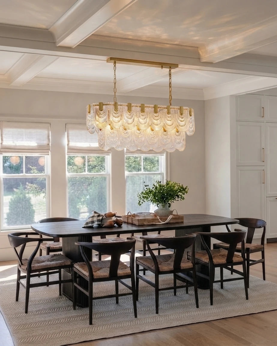 Modern Petal Art Glass Linear Chandelier in Rustic Dining Room