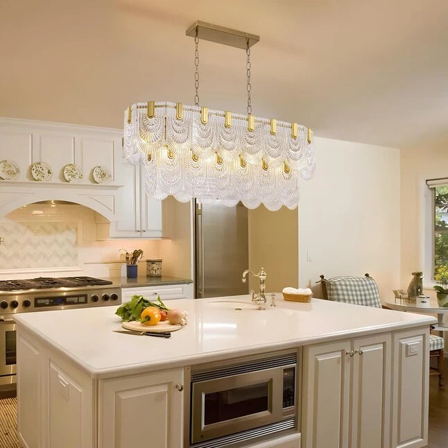 Modern Cascading Art Glass Linear Chandelier in Contemporary Kitchen