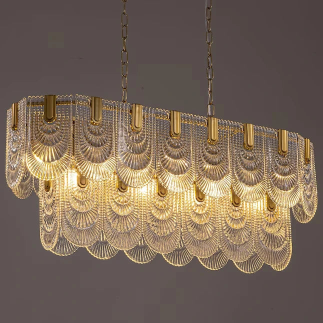 Illuminated Modern Cascading Petal Art Glass Linear Chandelier Studio Shot