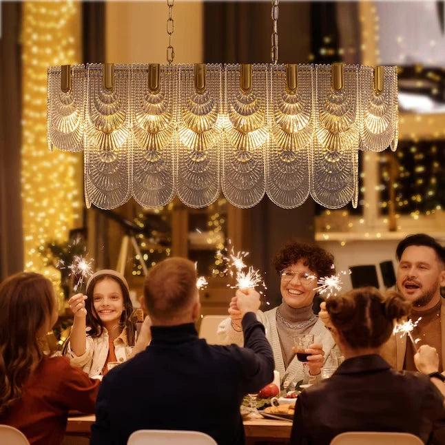 Modern Petal Art Glass Linear Chandelier in Family Dinner Gathering