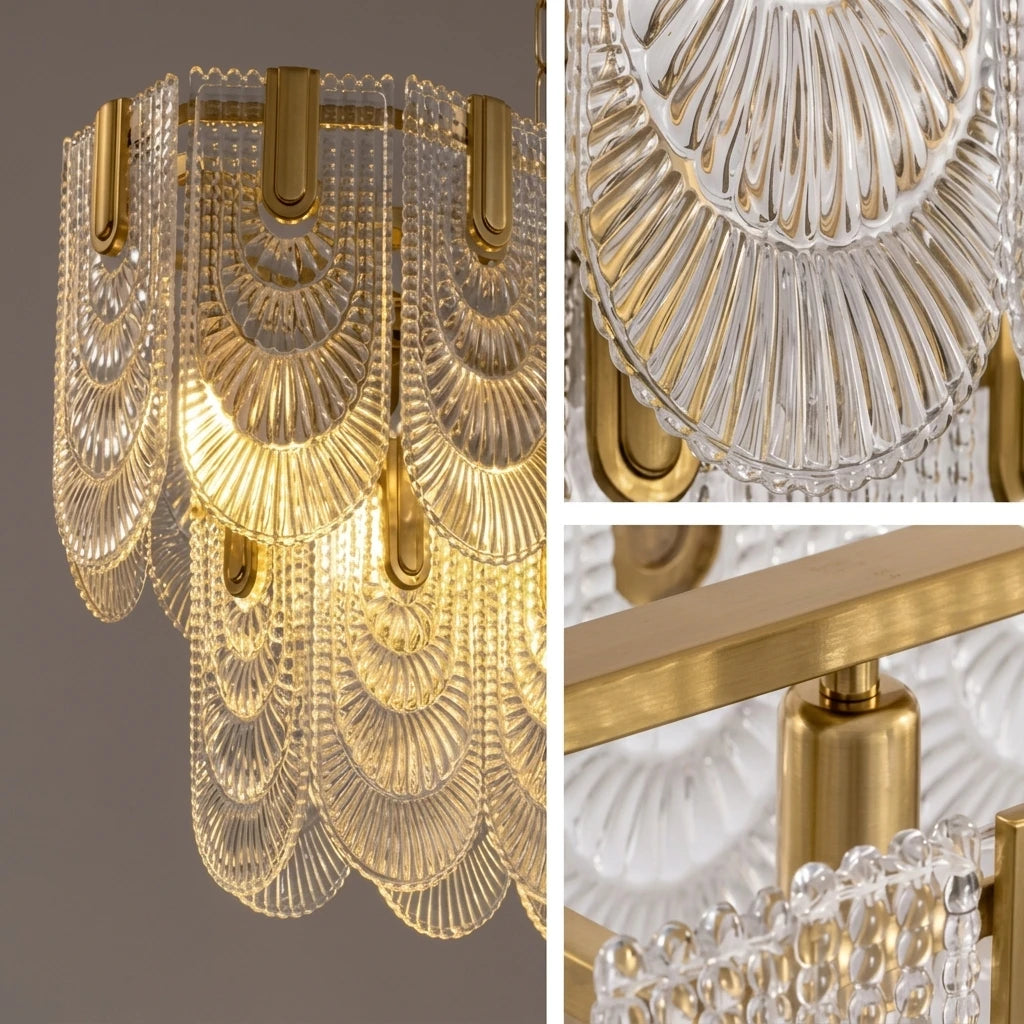 Side View of Illuminated Modern Cascading Petal Art Glass Linear Chandelier