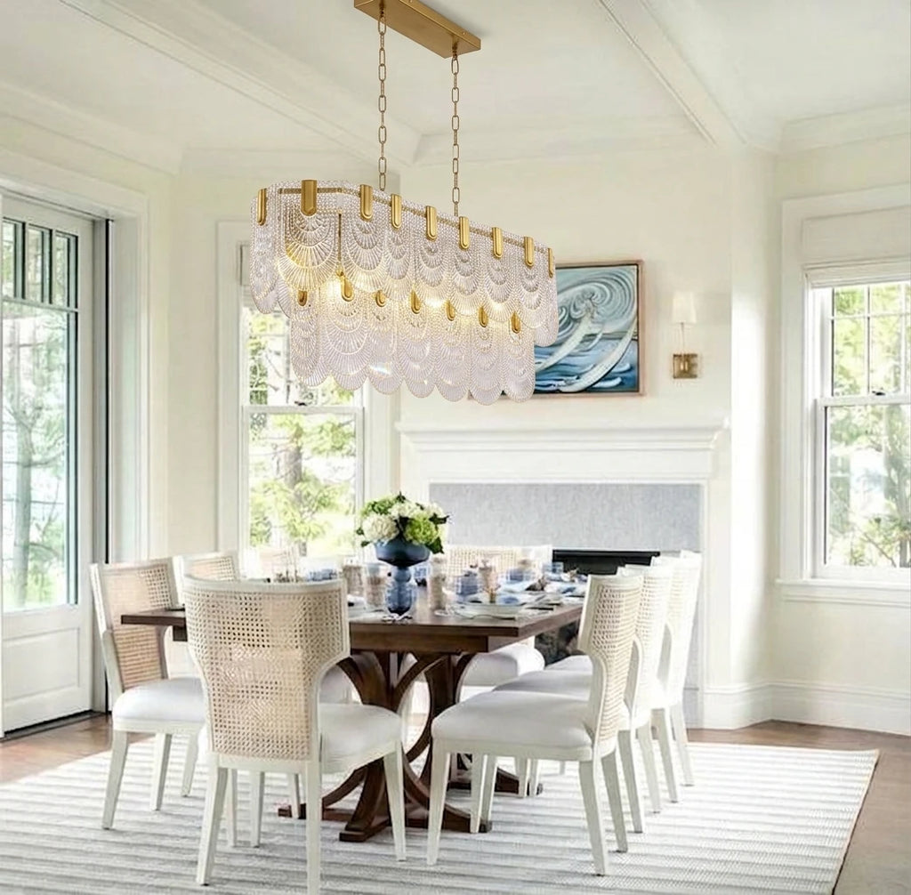 Modern Petal Art Glass Linear Chandelier Over Dining Table
