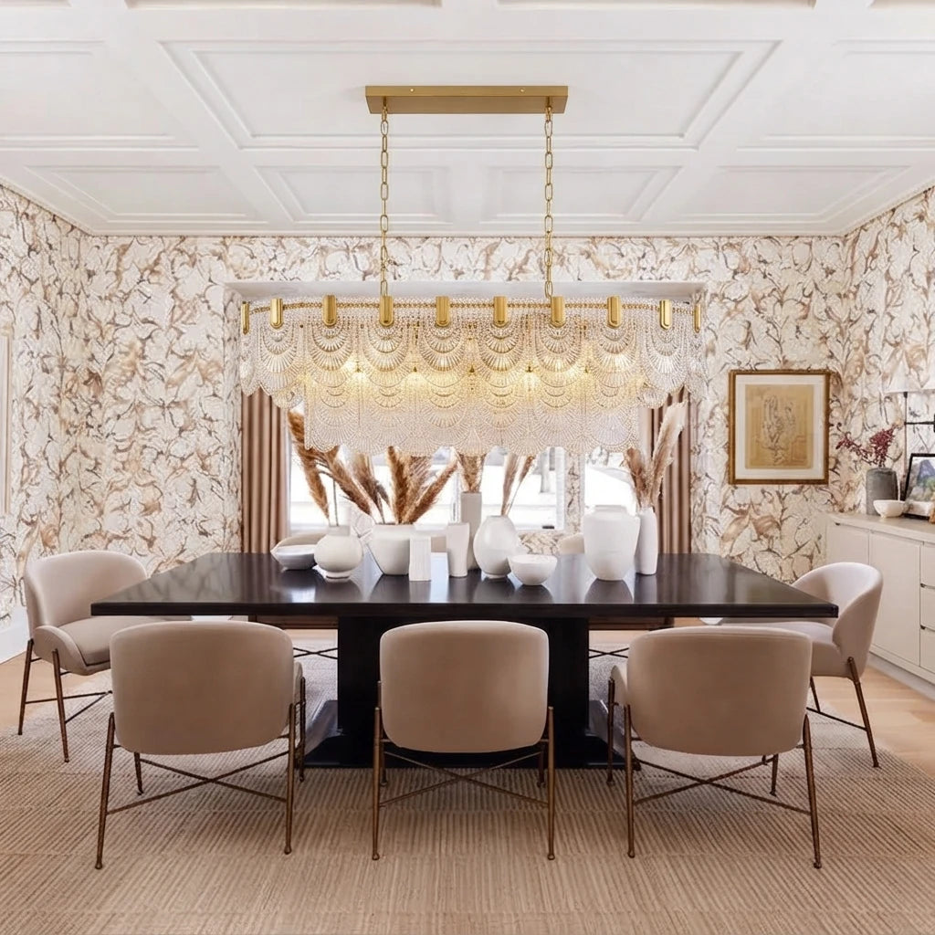 Modern Cascading Art Glass Linear Chandelier in Formal Dining Room