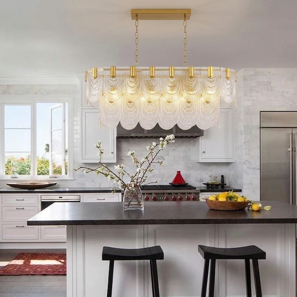 Modern Petal Art Glass Linear Chandelier Over Kitchen Island