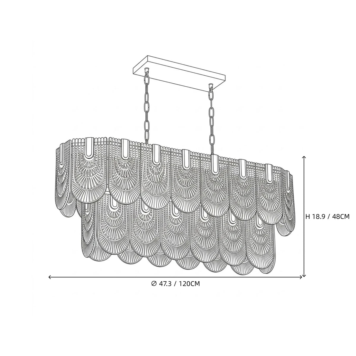 Modern Cascading Petal Art Glass Linear Chandelier Line Art Dimension Diagram