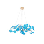 Modern Round Gold Branch and Blue Ginkgo Leaf Chandelier on Pure White Background