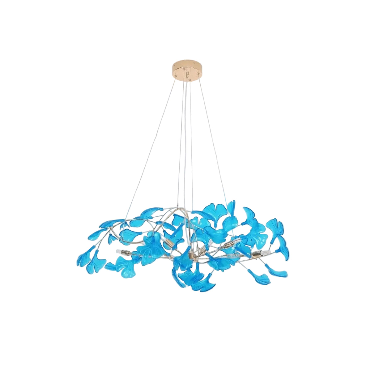 Modern Round Gold Branch and Blue Ginkgo Leaf Chandelier on Pure White Background