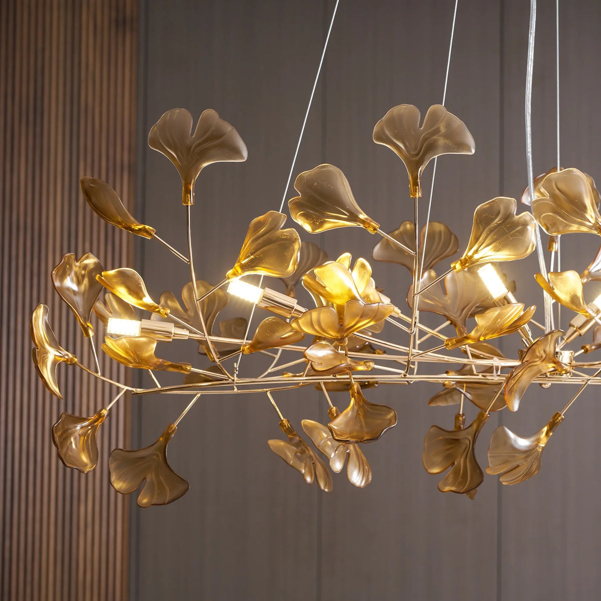 Close Up View of Gold Branch Structure and Integrated Lighting