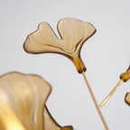 Close Up View of Illuminated Amber Ginkgo Leaf Art Glass
