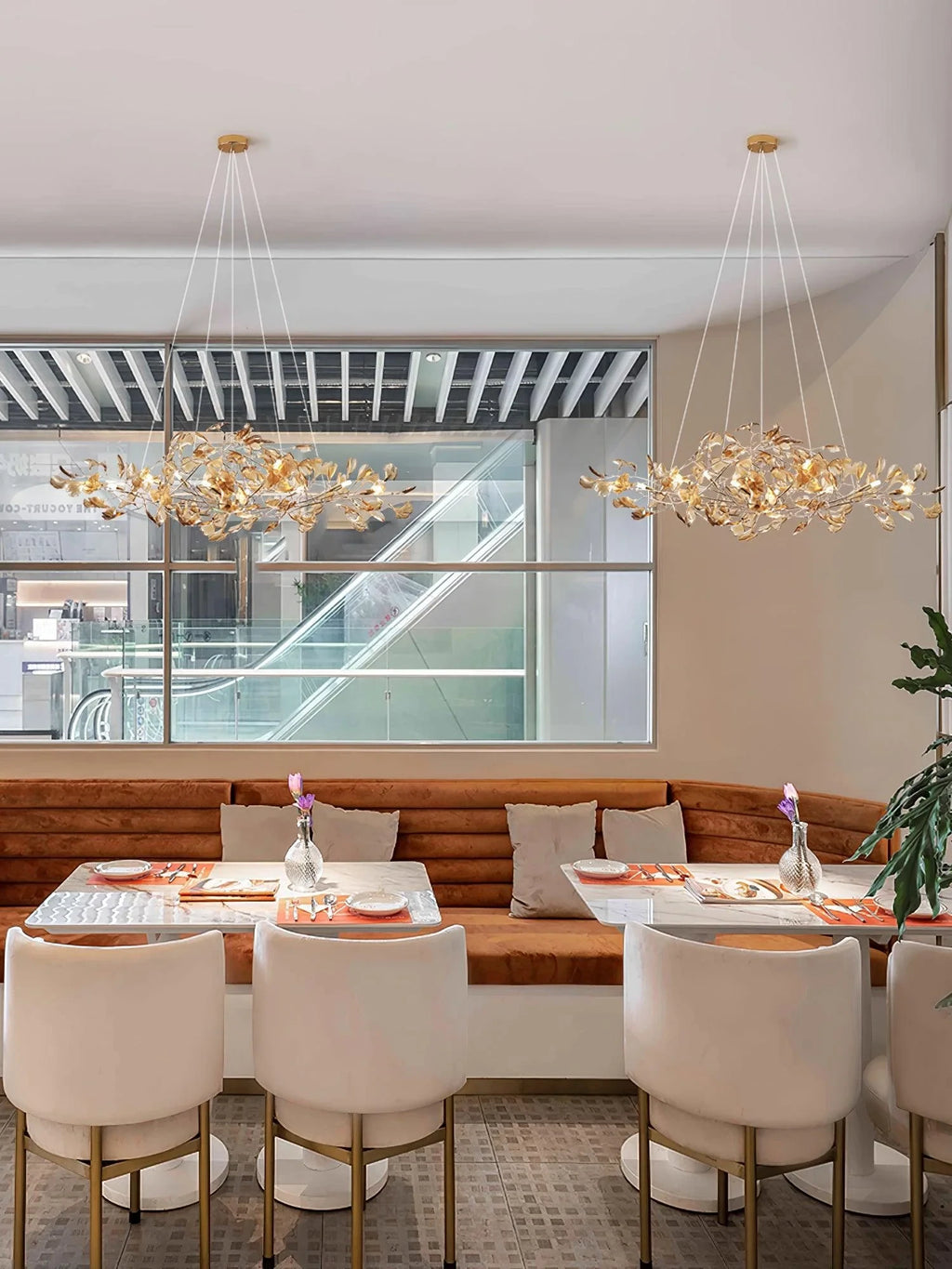 Modern Round Ginkgo Leaf Chandelier in Restaurant Booth Setting