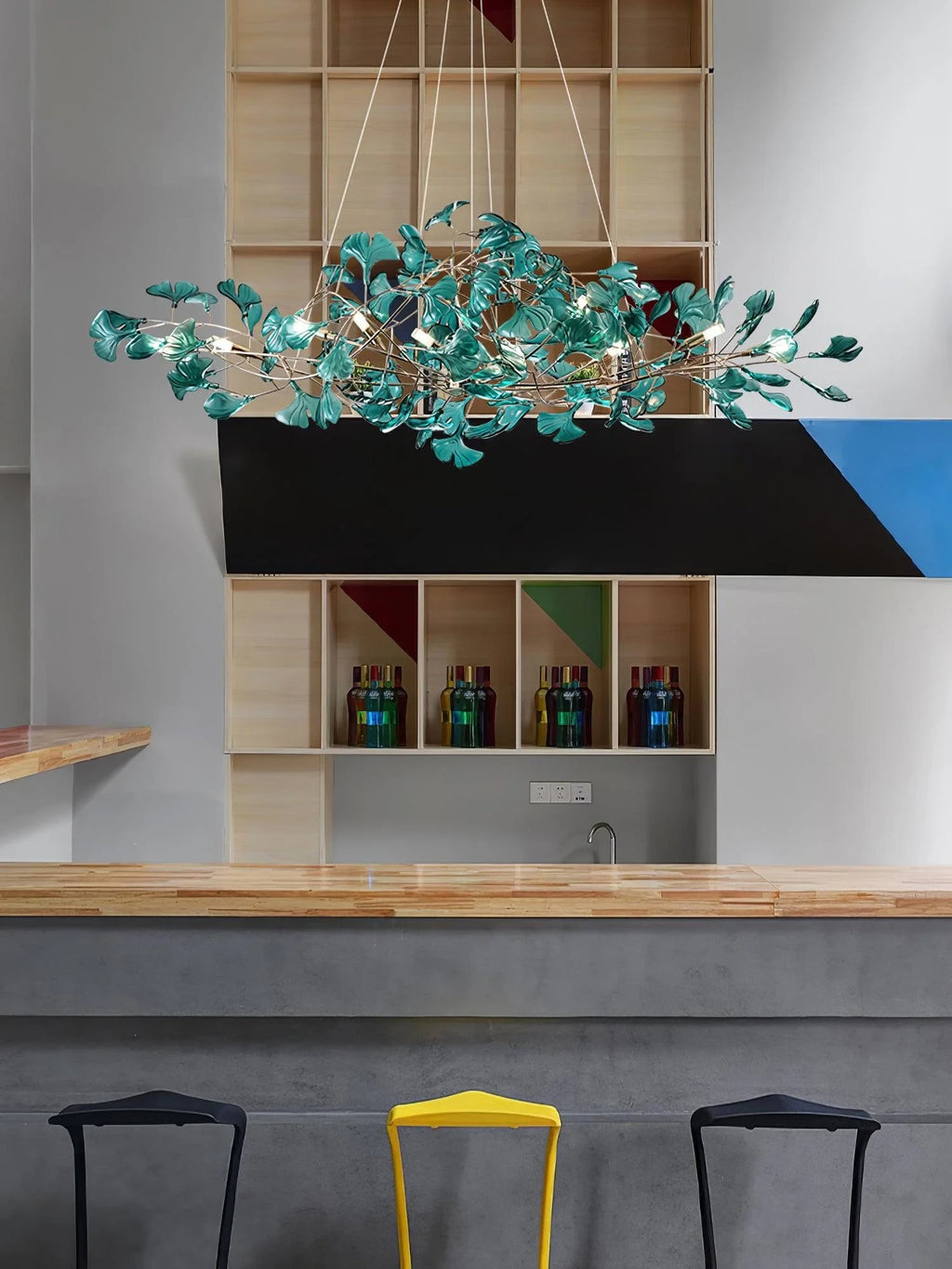 Modern Blue Art Glass Chandelier in Open Kitchen Interior