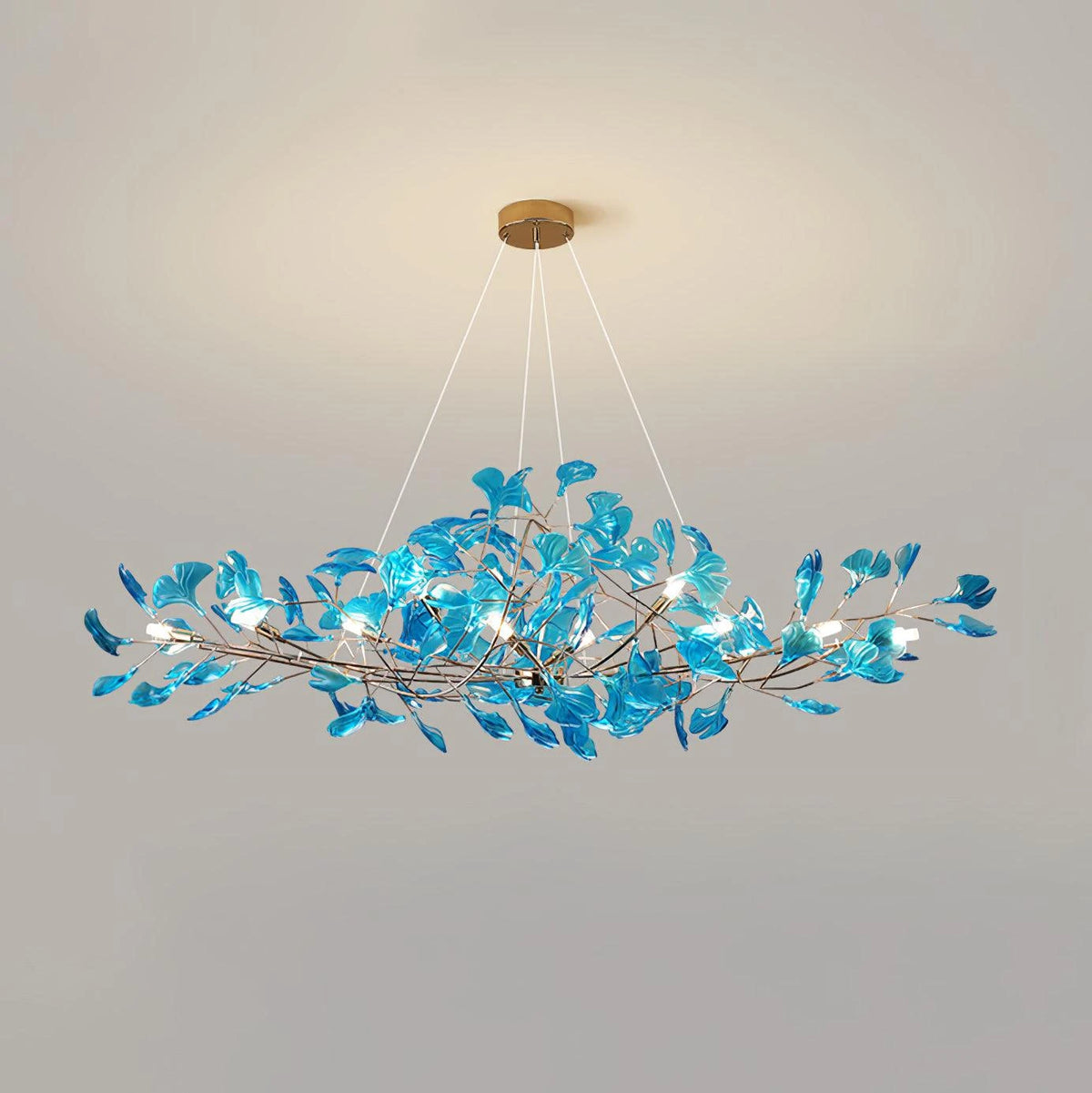 Illuminated Modern Blue Ginkgo Leaf Chandelier Studio Shot