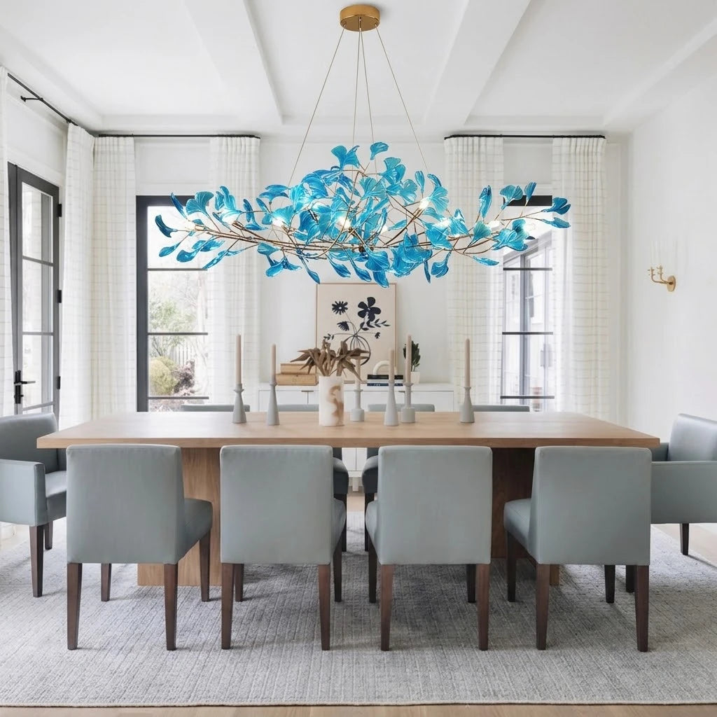 Modern Round Ginkgo Leaf Chandelier Over Formal Dining Room Table