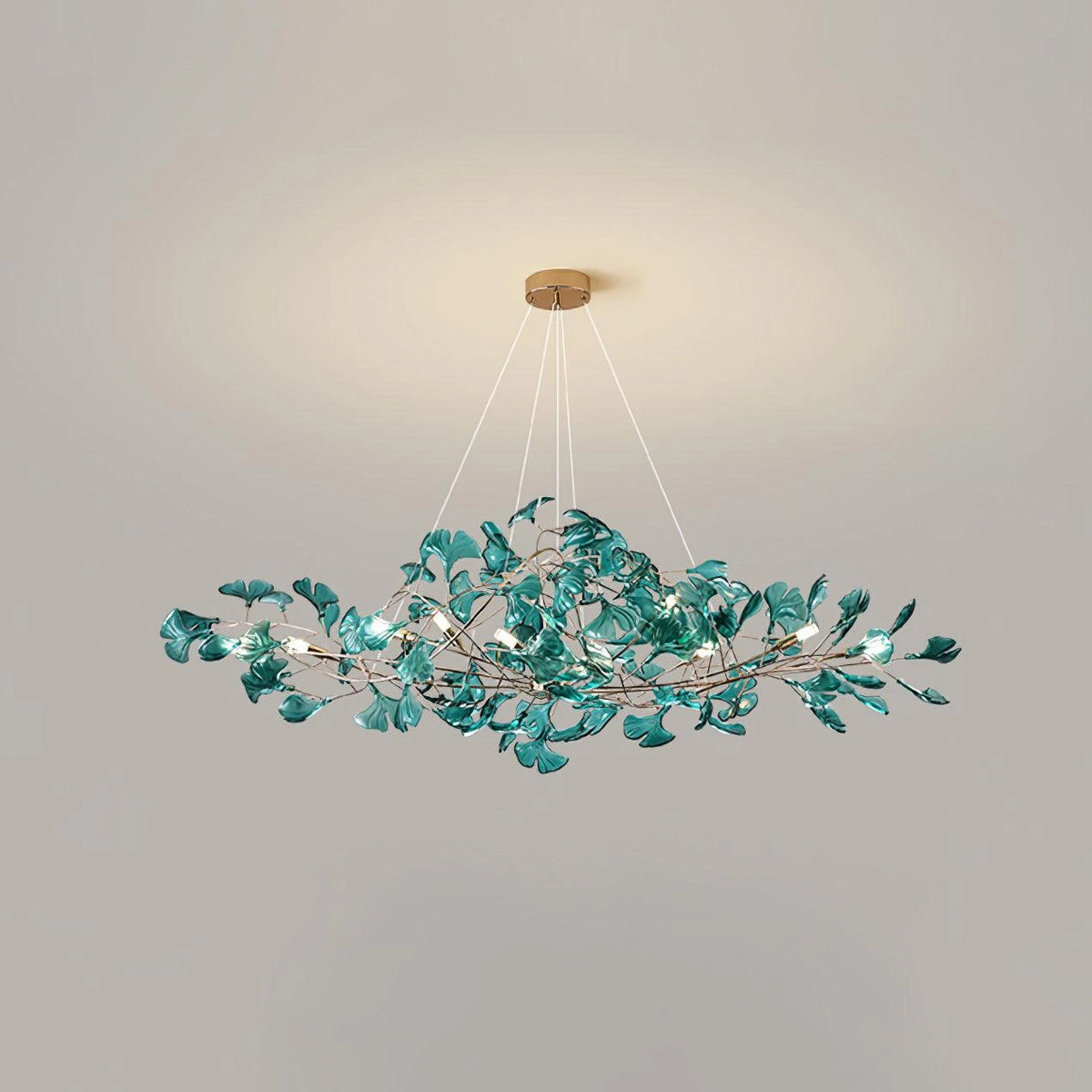 Angled View of Illuminated Modern Blue Ginkgo Leaf Chandelier