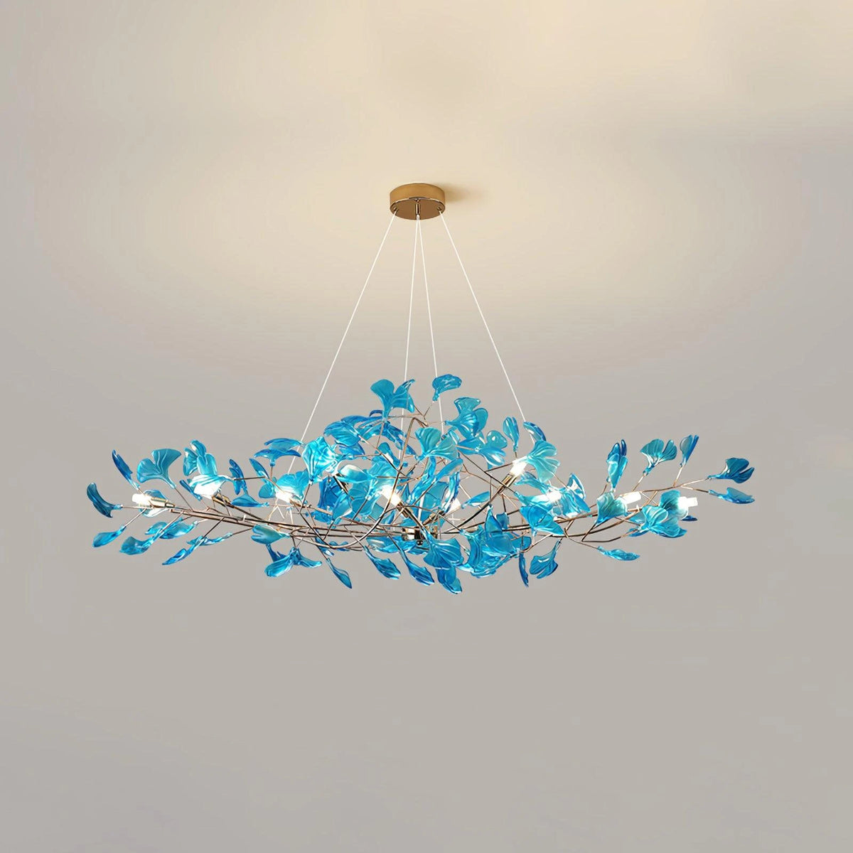 Studio Shot of Illuminated Modern Blue Ginkgo Leaf Chandelier