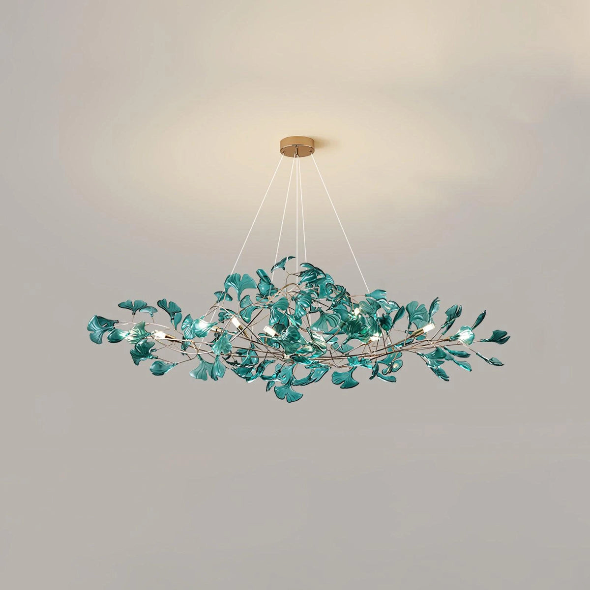 Illuminated Modern Teal Ginkgo Leaf Chandelier Studio Display