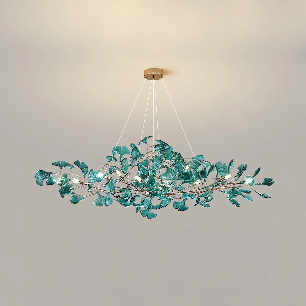 Illuminated Modern Cyan Ginkgo Leaf Chandelier Studio Shot